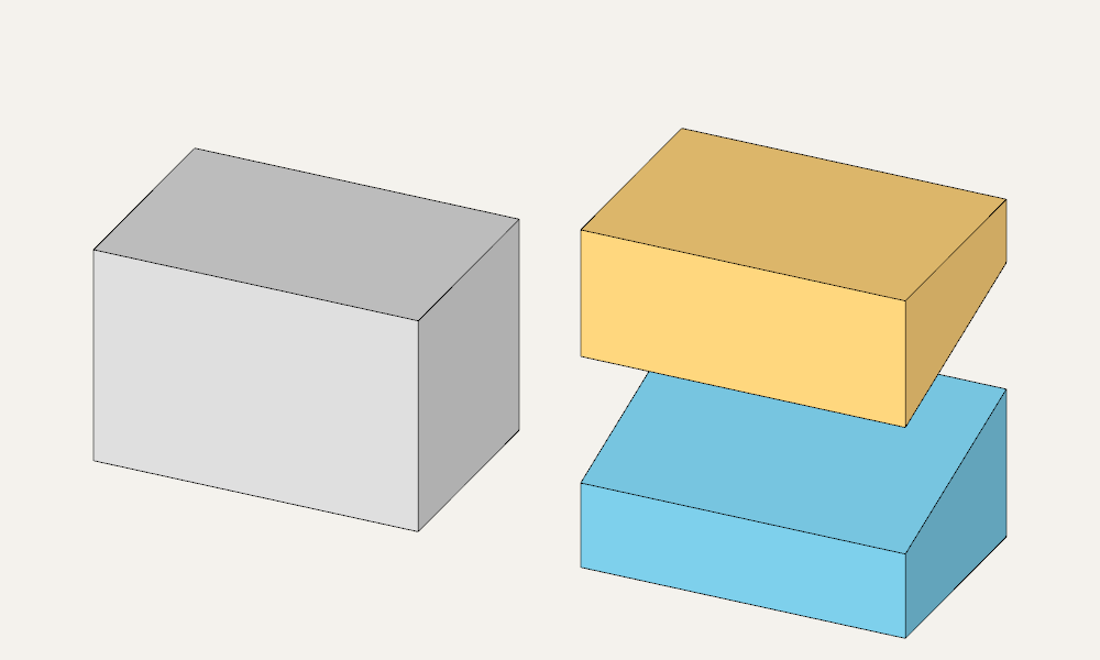 Original solid on the left; two parts with inclined cut surfaces on the right