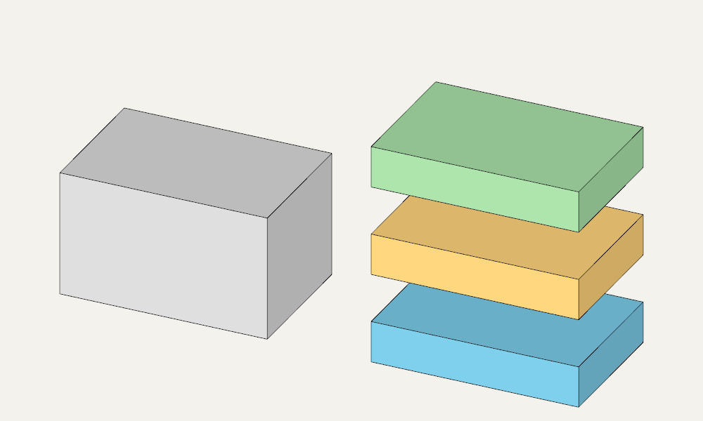 Original solid on the left; three separated layers on the right